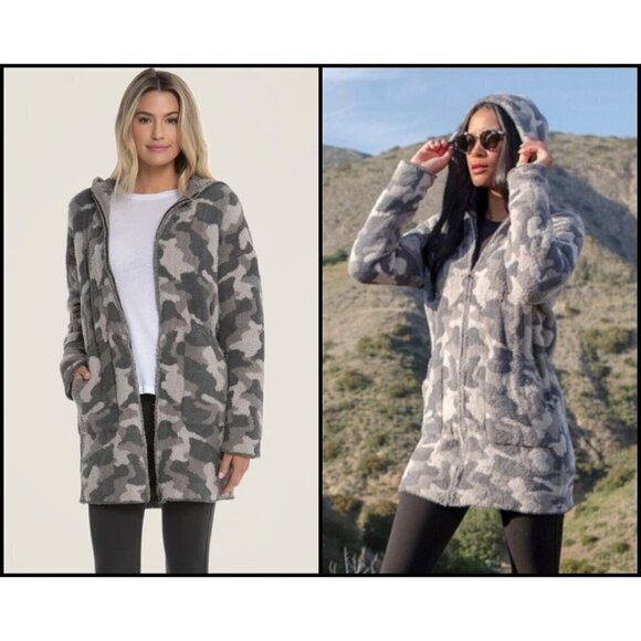 💕BAREFOOT DREAMS💕 CozyChic Camo Zip Up Hooded Anorak ~ Warm Gray Color XS NWT